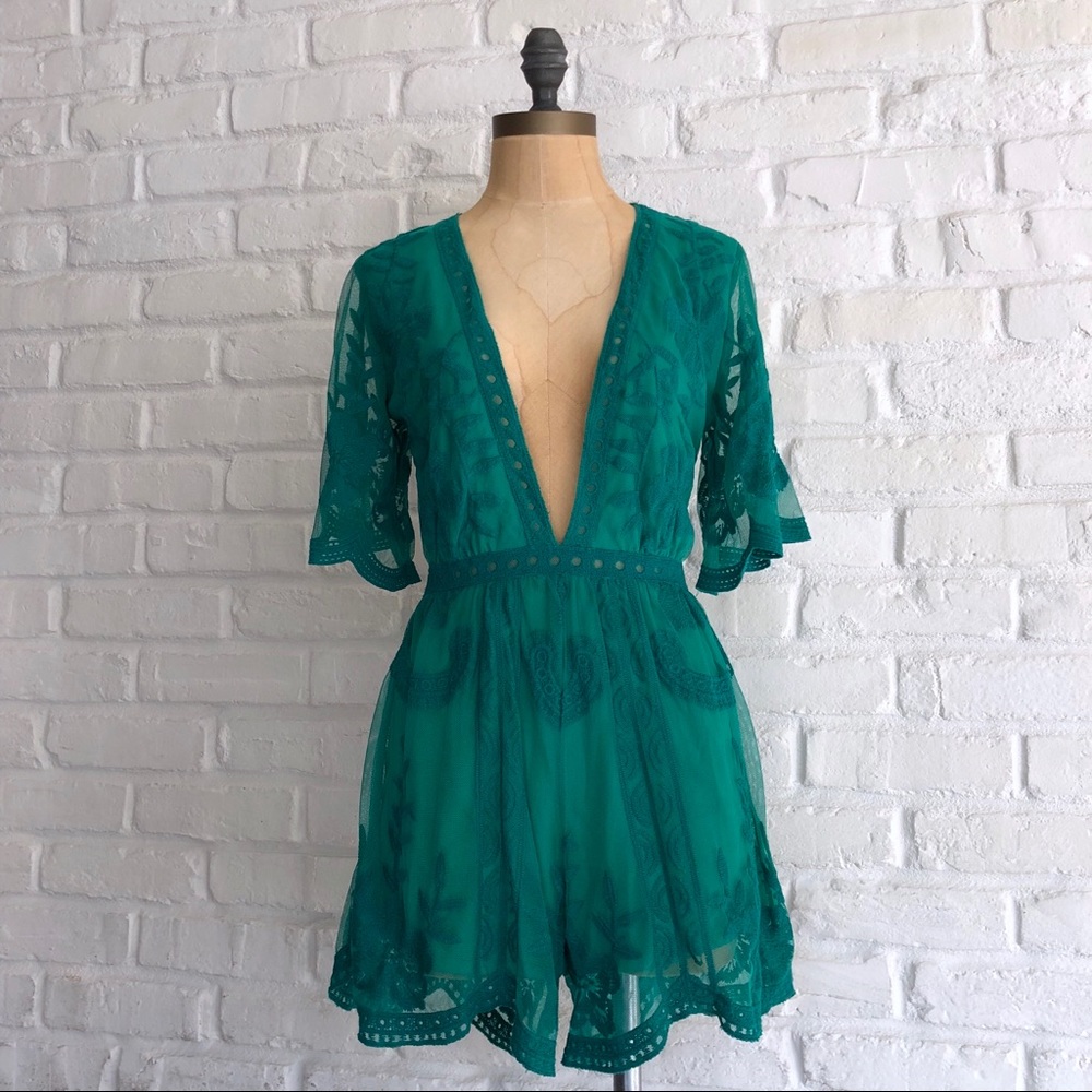 Honey Punch Lace Romper Teal
